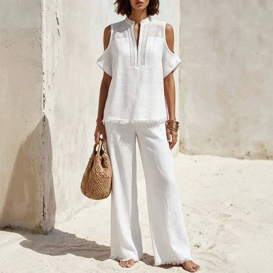 Women's Cut-Out Shoulder Top and Wide-Leg Trouser Set