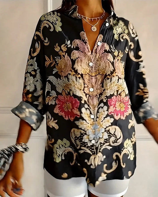 Women’s Floral Button-Front Collared Long Sleeve Shirt