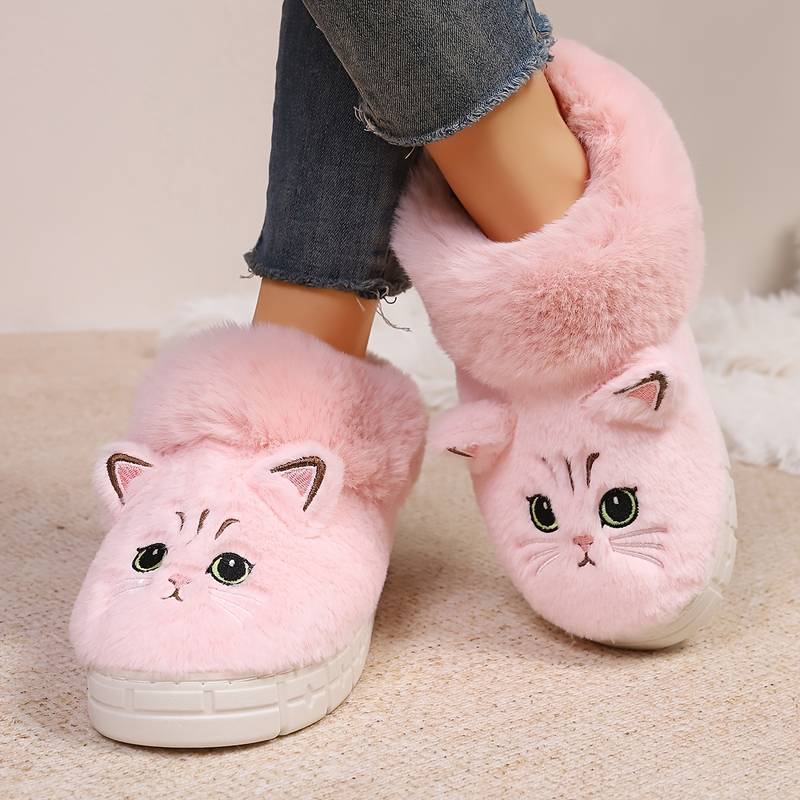 Women’s Plush Cat Face Indoor Slippers with Warm Lined Collar