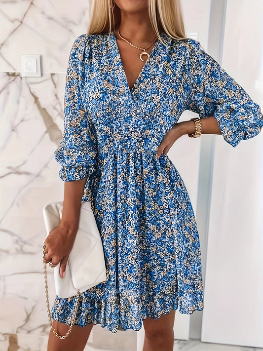 Floral Shirred V-Neck Dress – 3/4 Sleeve Spring & Fall
