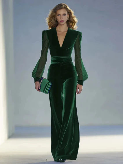 Women’s Velvet V Neck Mesh Panel Jumpsuit