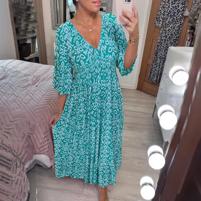 Bohemian V Neck Waist Tie Midi Dress