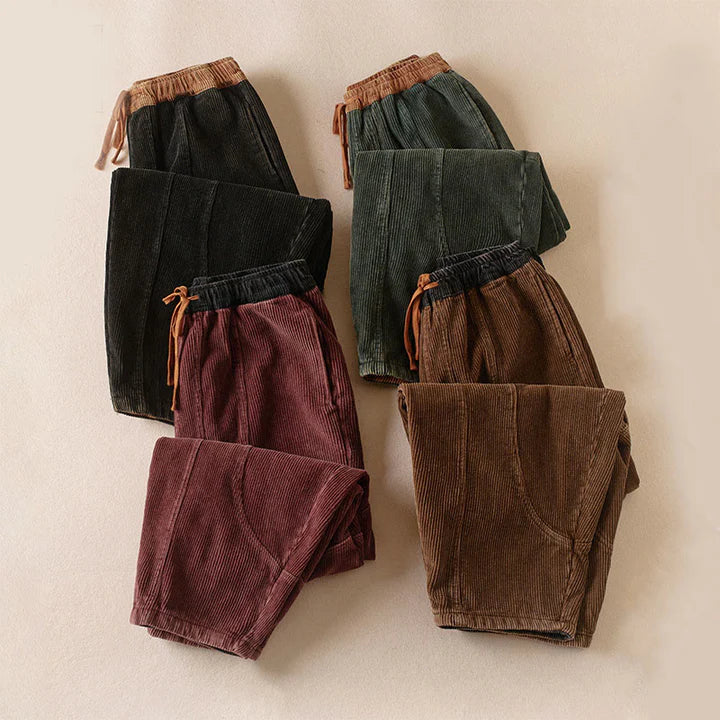 Women’s Contrast-Cuff Thermal Corduroy Harem Trousers with Pockets