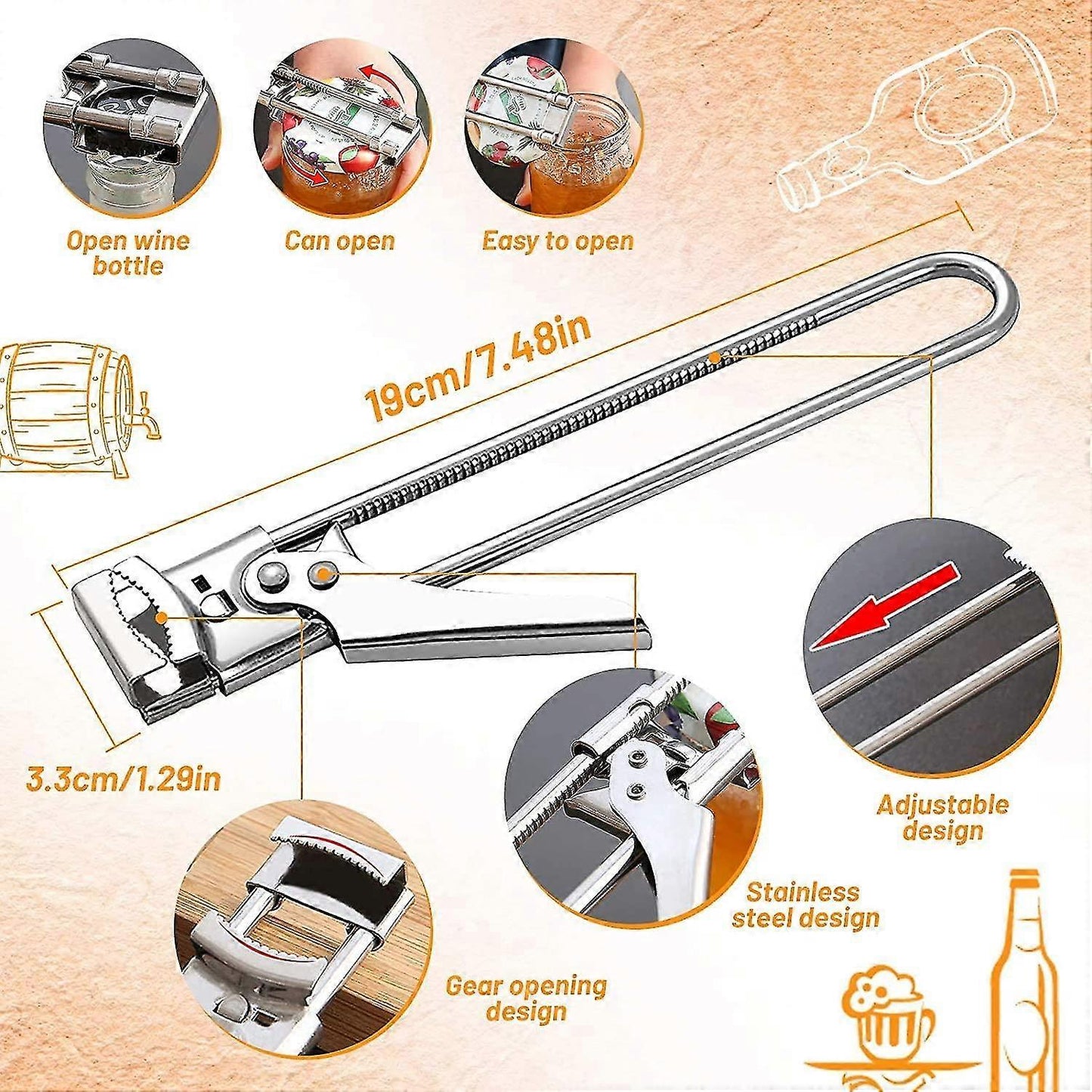 Multi-Functional Adjustable Stainless Steel Jar And Can Opener