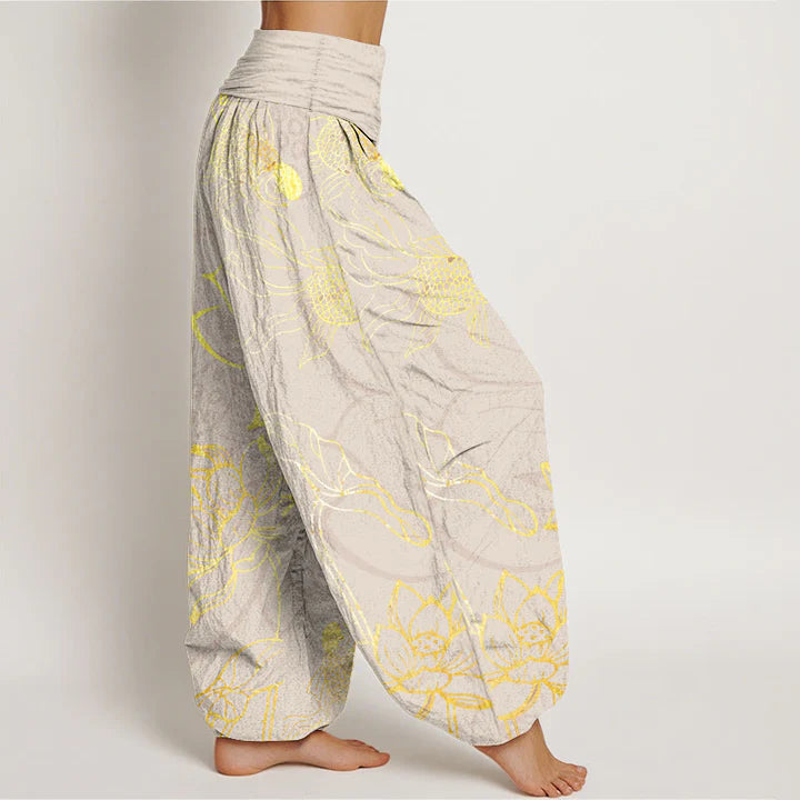Women’s Cotton Koi & Lotus Elastic-Waist Harem Trousers