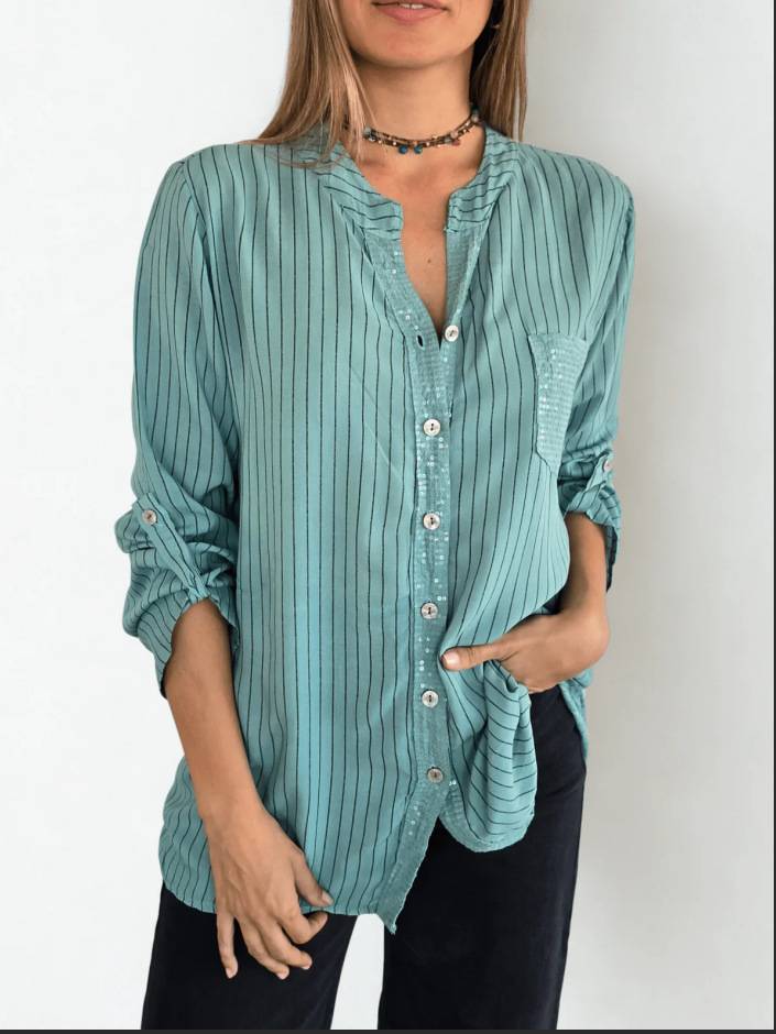 Women’s Striped Sequin Pocket Button-Up Shirt