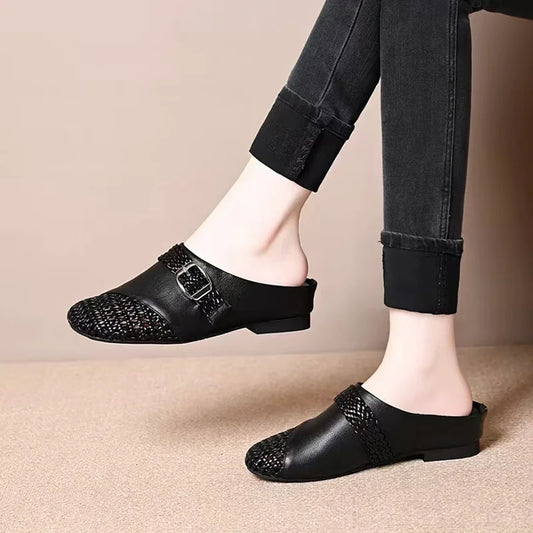 Women’s Braided Leather-Look Closed-Toe Buckle Mules