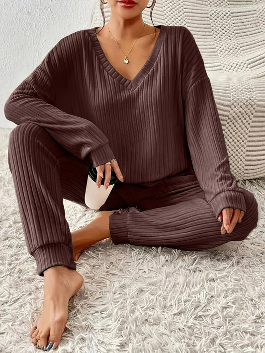 Women’s Soft Ribbed V-Neck Jogger Lounge Set