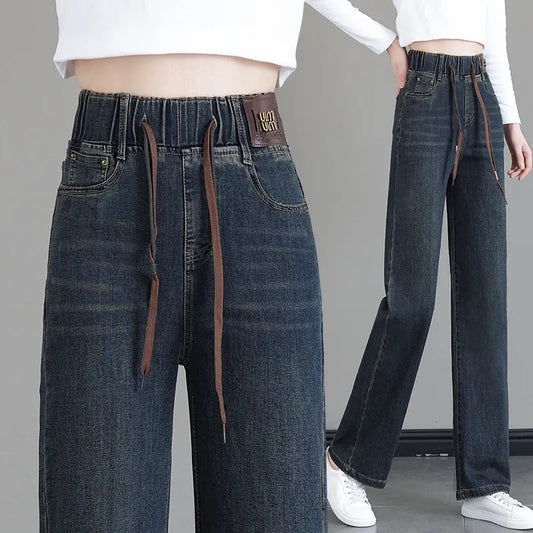Women’s High Waist Drawstring Wide Leg Denim Trousers