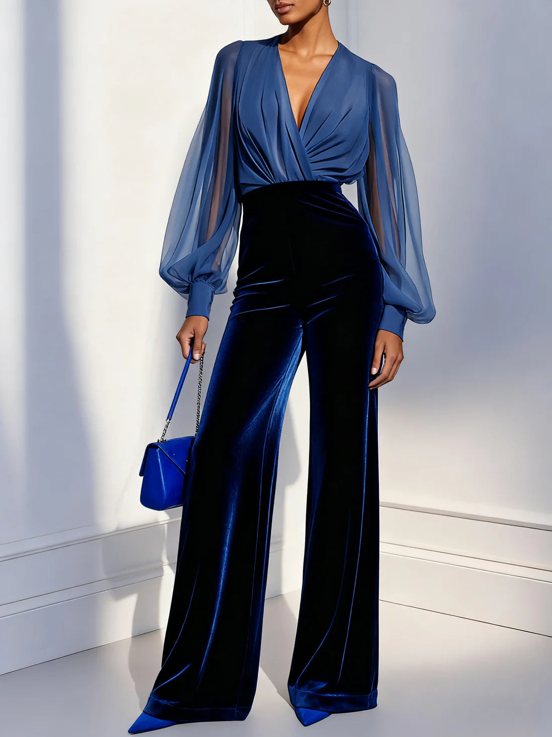 Women’s Velvet V Neck Mesh Panel Jumpsuit