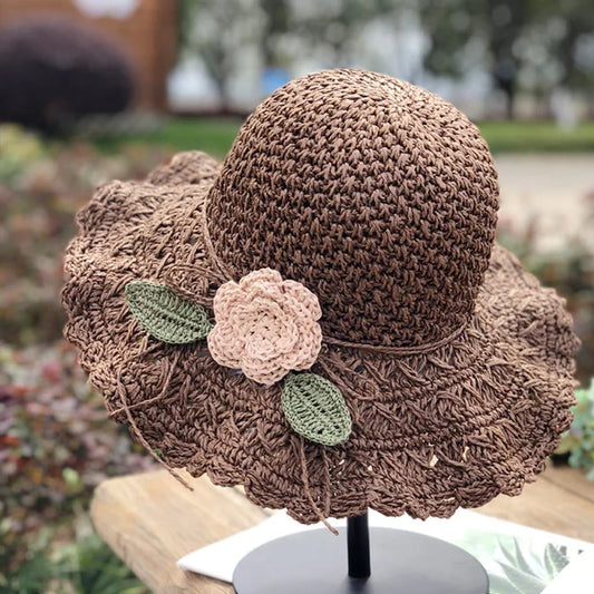 Handmade Elegant Crochet Straw Hat with Ruffle Detail