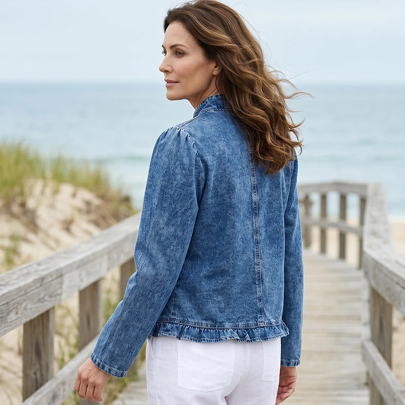 Women’s Ruffle-Trim Open-Front Denim Jacket