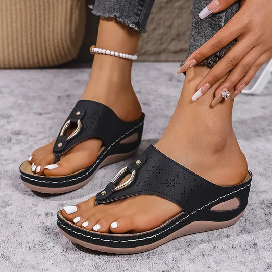 Women's Strappy Wedge Slide Sandals - Black Faux Leather