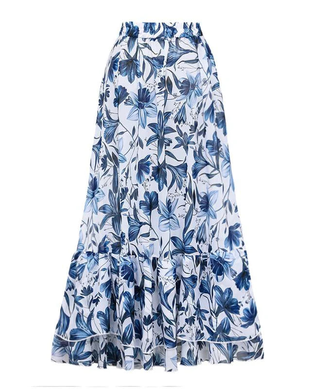 Women’s Blue Print V-Neck One-Piece Swimsuit with Matching Cover Skirt