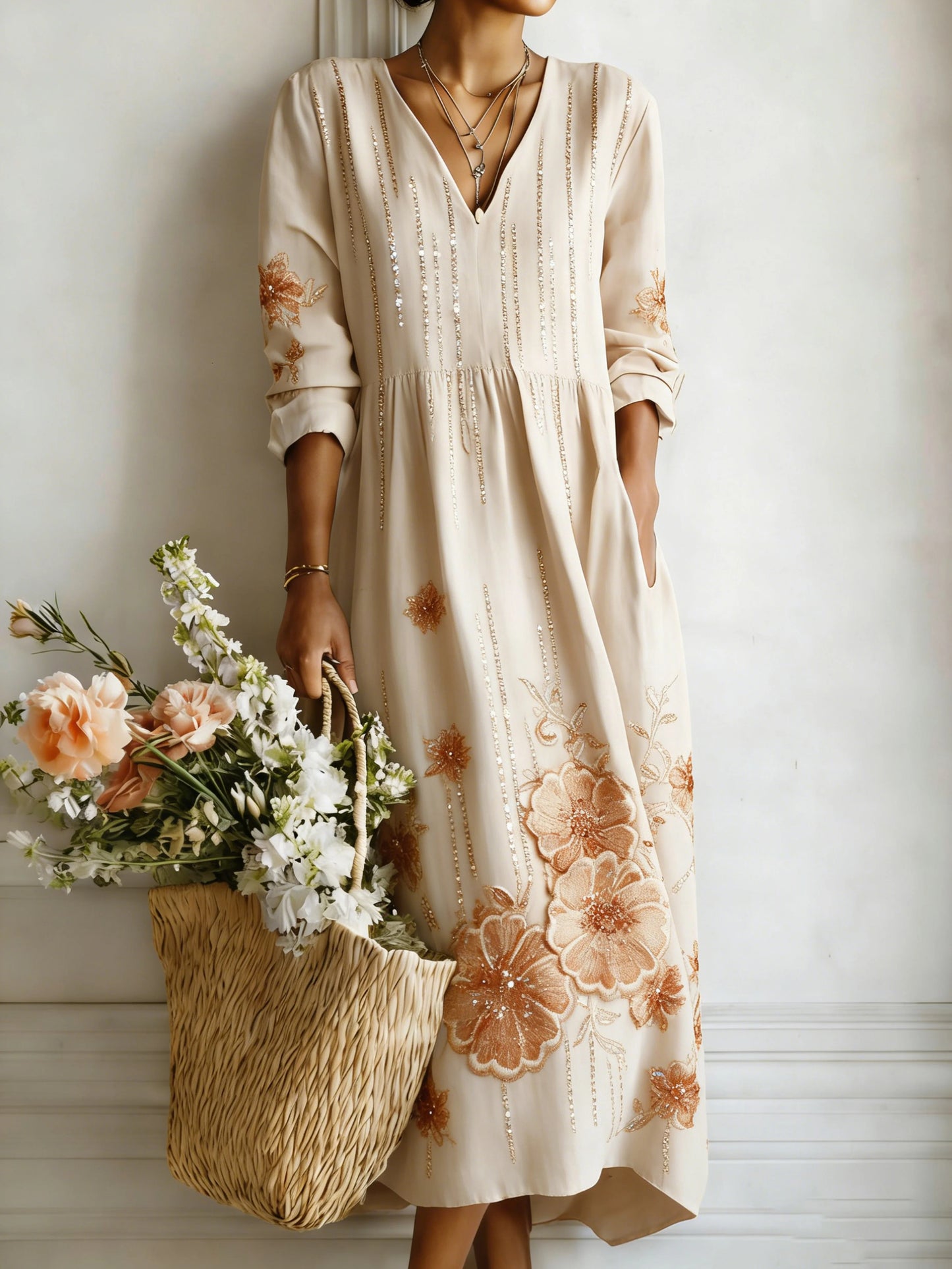 Women’s Serene Bloom V-Neck Linen Midi Dress