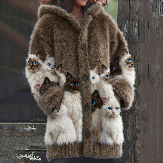 Women’s Fluffy Cat Print Hooded V-Neck Knit Jumper