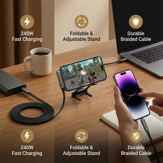 Foldable Charging Cable with Integrated Phone Stand