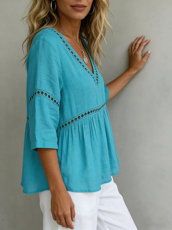 Women’s Cotton Linen V-Neck Lace Panel Blouse