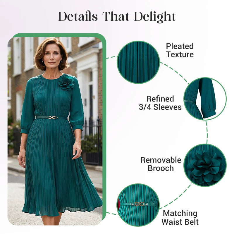 Women’s 3/4 Sleeve Pleated Midi Dress with Waist Tie