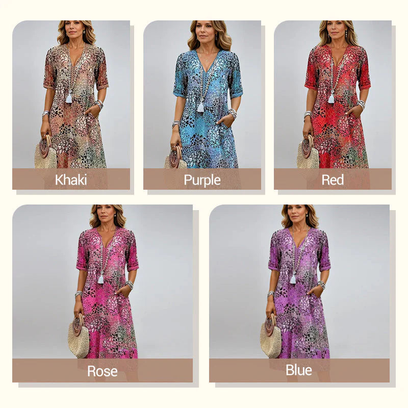 Women's Printed V-Neck Midi Dress