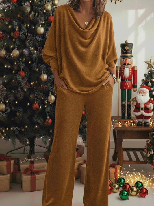 Women’s Christmas Cosy Draped-Neck Wide-Leg Lounge Set