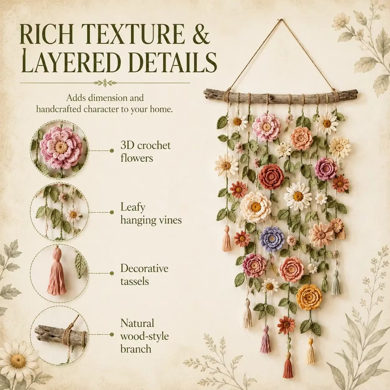Boho Crochet Flower Wall Hanging