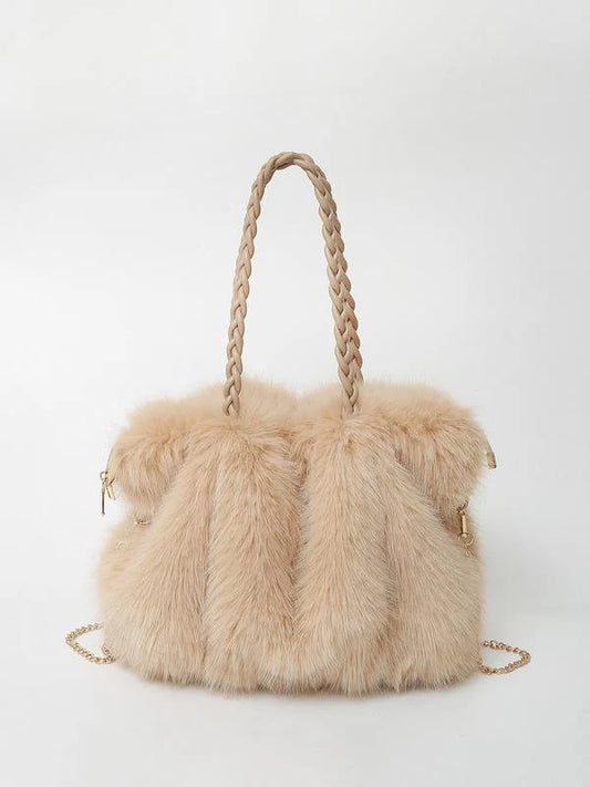 Women’s Braided-Handle Faux-Fur Shoulder Tote