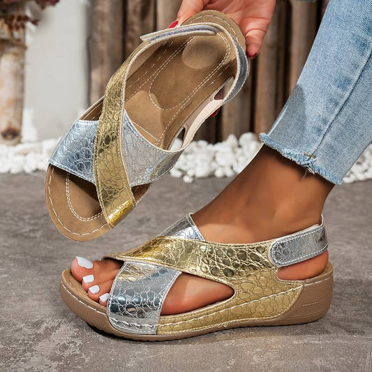 Women’s Metallic Snake-Print Wedge Sandals with Adjustable Strap
