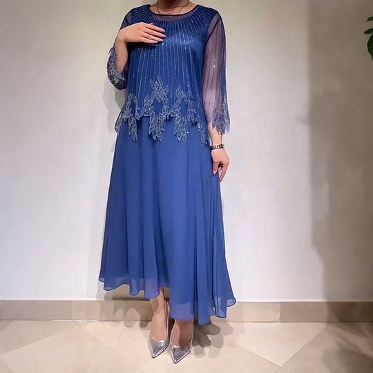 Women’s Shimmer Overlay A-Line Midi Dress with Sheer Sleeves