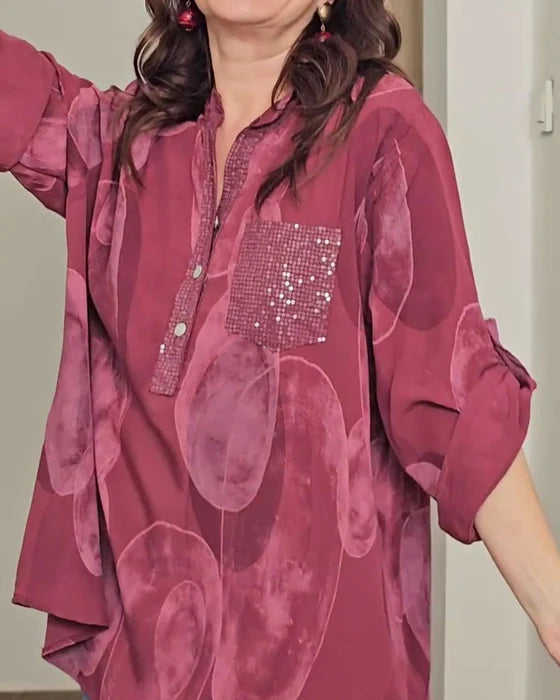Women’s Printed Button Placket Pocket Casual Blouse