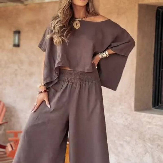 Women’s Off Shoulder Top and Wide Leg Trousers Two Piece Set