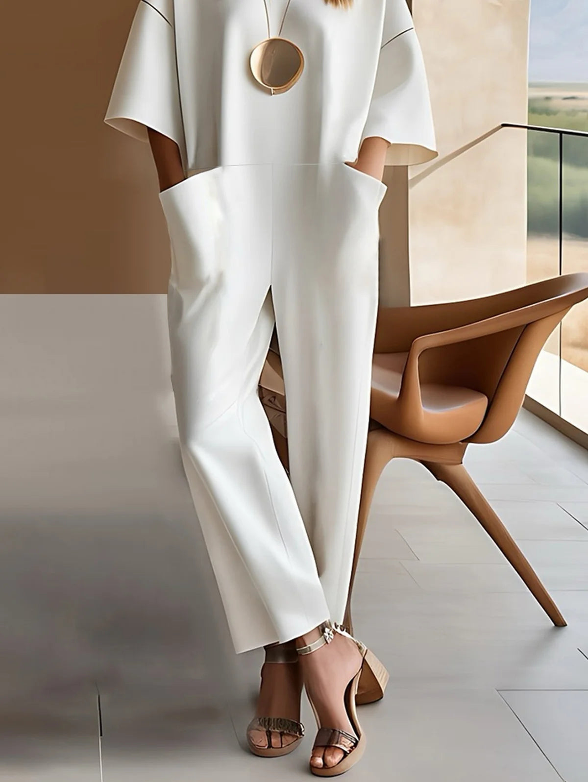 Women’s Plain Side-Pocket 3/4 Sleeve Straight-Leg Jumpsuit