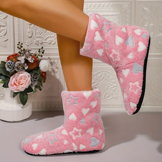 Cozy Star & Heart Plush Slipper Boots – Warm, Non-Slip Sole