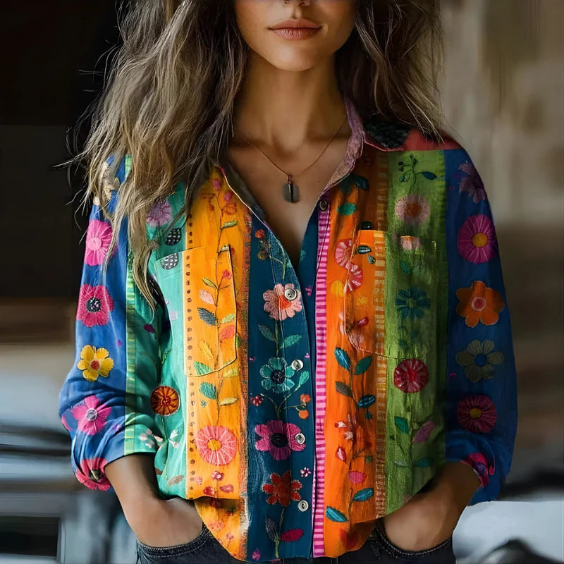 Women’s Vintage Printed Button-Up Blouse