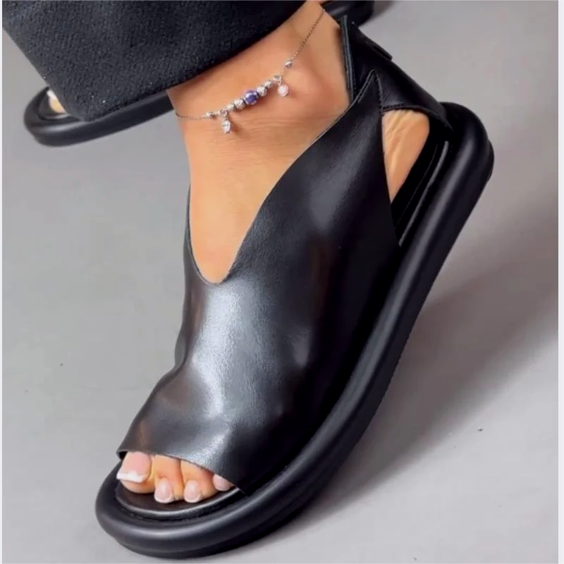 Leather-Look Comfortable Soft-Soled Zipper Sandals