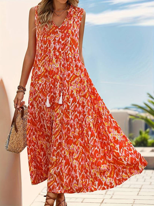 Women’s Bohemian Tassel-Tie Sleeveless Printed Midi Dress