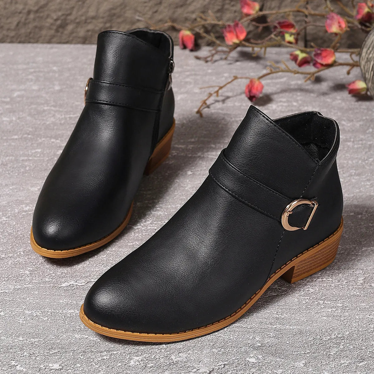 Women’s Comfortable Chunky Heel Leather-Look Ankle Boots