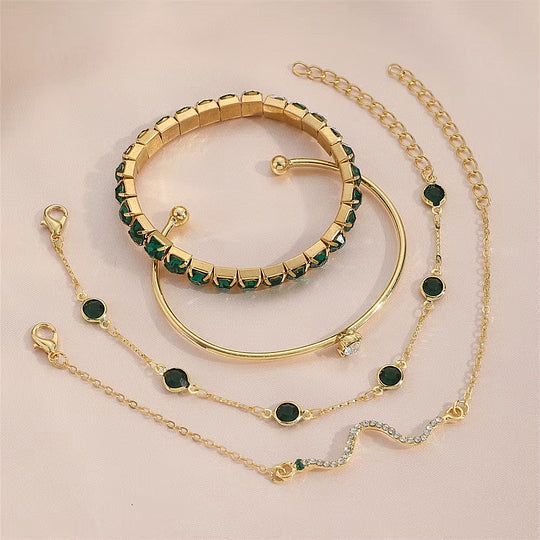 Women’s Emerald Crystal Gold Layered Bracelet Set