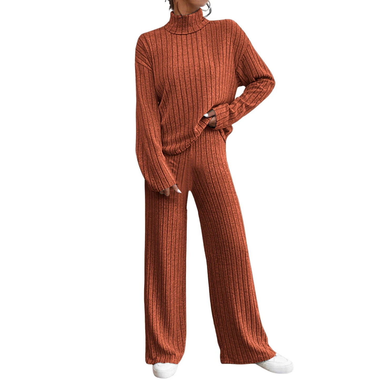 Women’s High-Neck Fur-Collar Embossed Knit Lounge Set