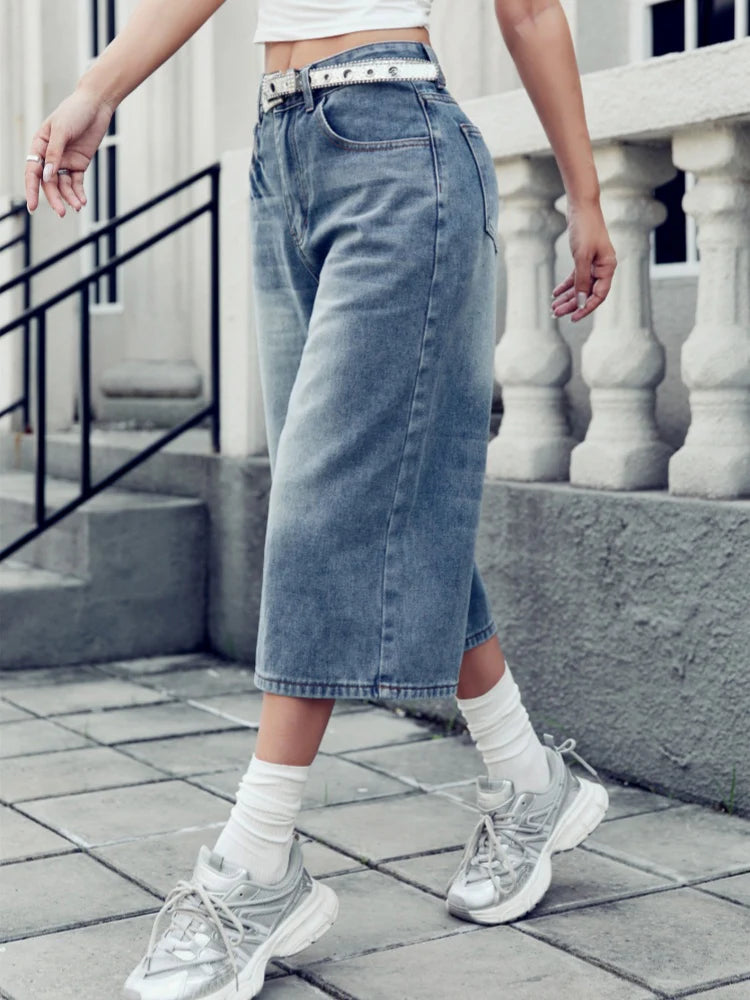 Women's Washed Wide Leg Cropped Jeans