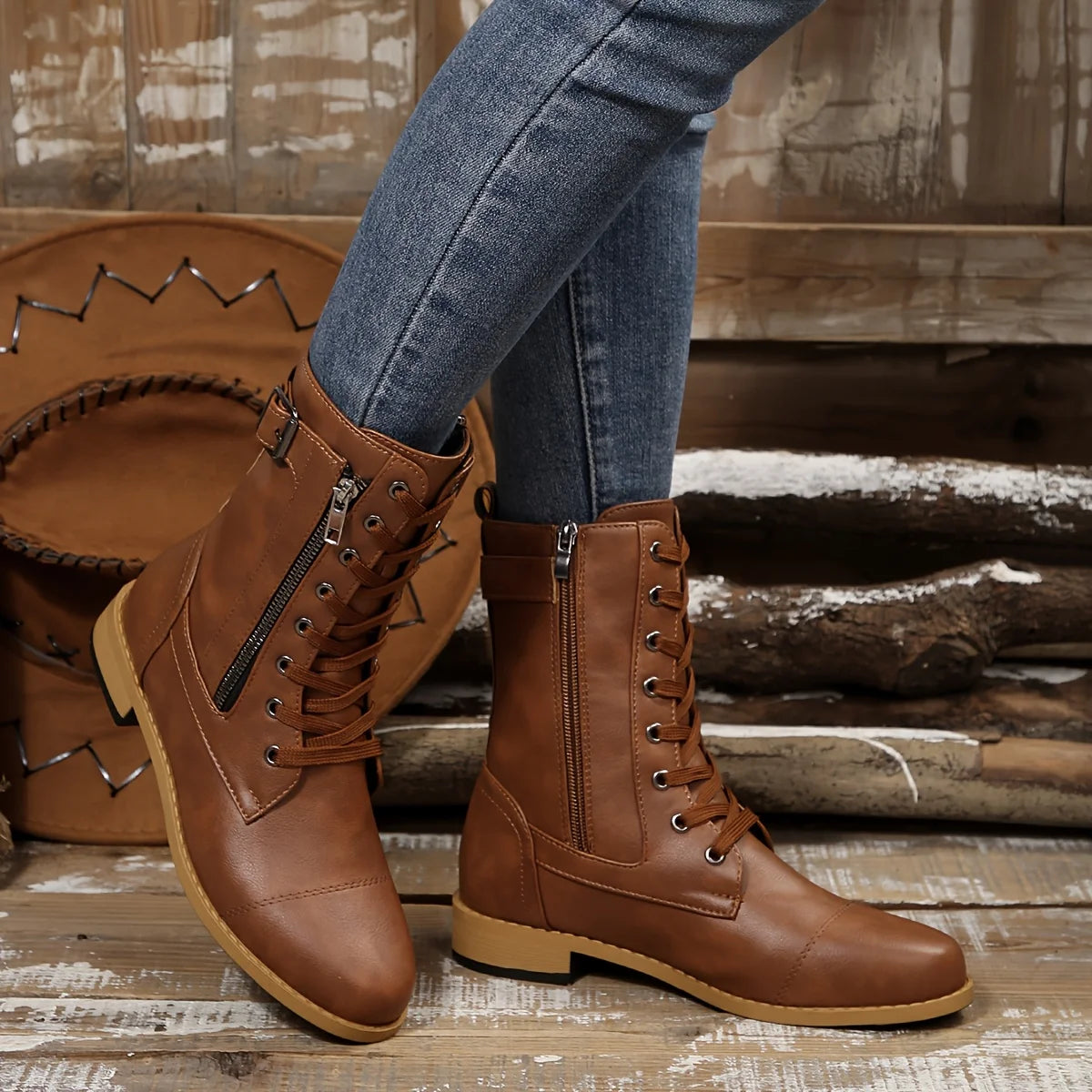 Women’s Classic Zipper Mid-Calf Leather-Look Boots