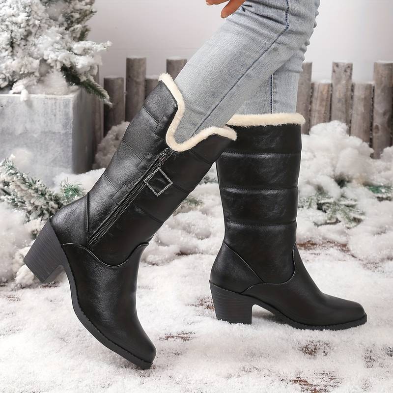 Women’s Warm Lined Mid Calf Boots with Side Zip and Chunky Heel