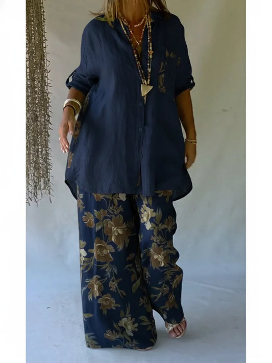 Women’s Casual Floral Linen Cotton Shirt & Trousers Set