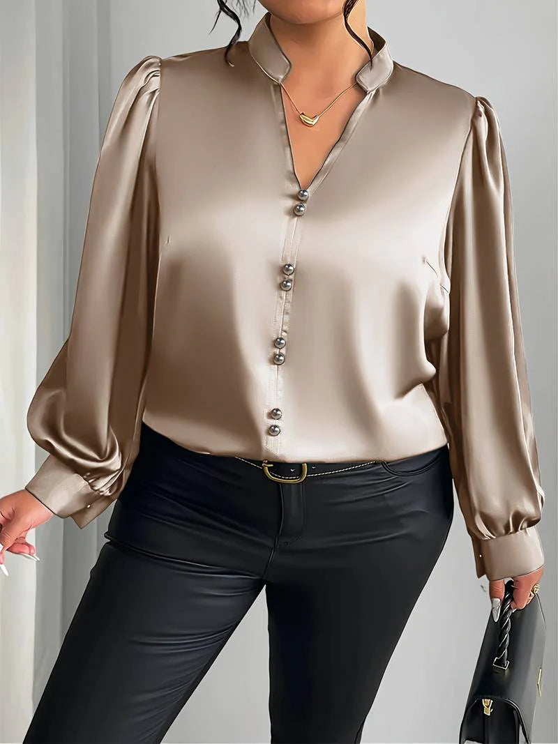 Women’s Satin Bubble-Sleeve V-Neck Blouse