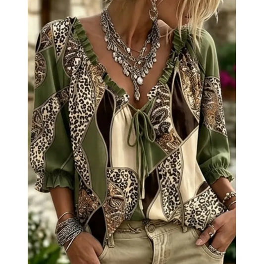 Women's Leopard Lace Up Puff Sleeve Blouse