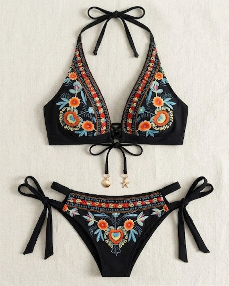 Women’s Floral Lace-Up Bikini Set
