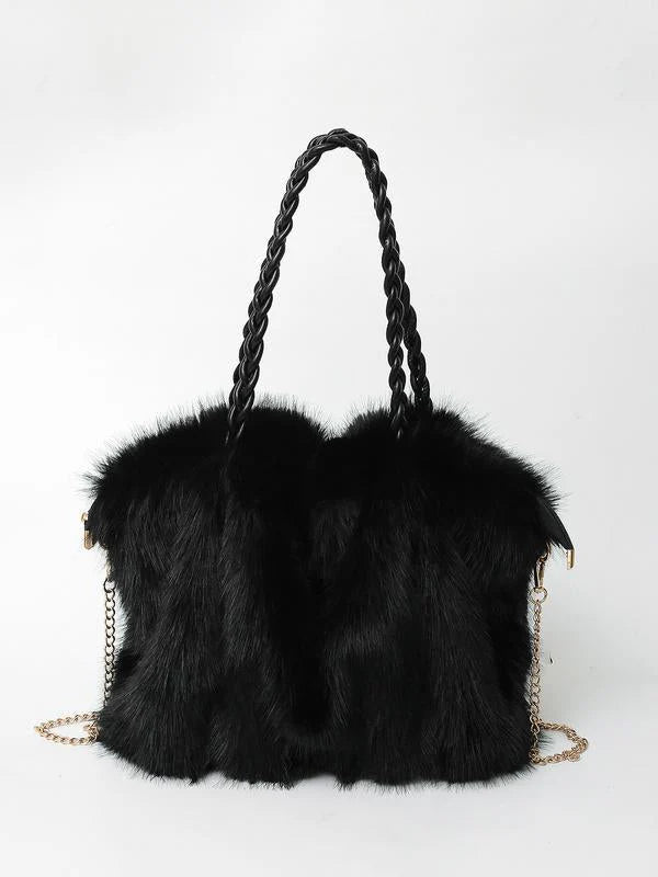 Women’s Braided-Handle Faux-Fur Shoulder Tote
