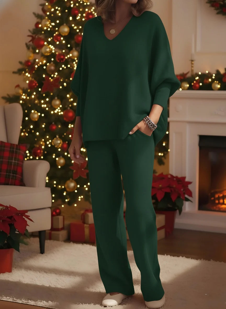 Women’s Cosy V-Neck Knit Lounge Top & Trousers Set
