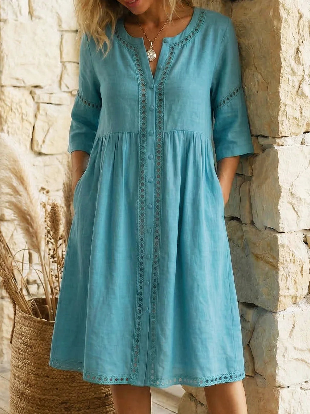 Women’s Cotton Linen Lace Panel Button Midi Dress