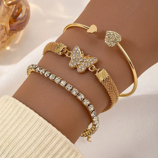Boho Heart Crystal Gold Bracelet Trio Set